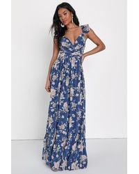 Lulus - Soiree Celebration Floral Ruffled Lace-Up Maxi Dress - Lyst
