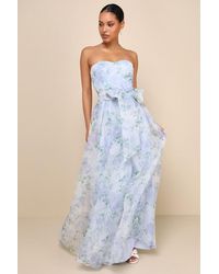 Lulus - Charming Sweetness Periwinkle Floral Organza Pleated Maxi Dress - Lyst