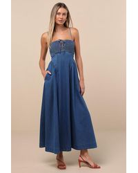 Lulus - Laylie Medium Wash Denim Lace-Up Midi Dress - Lyst