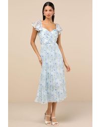 Lulus - Gorgeous Presence Floral Pleated Lace-Up Midi Dress - Lyst