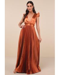 Lulus - Exceptional Drama Rust Satin Lace-Up Pleated Maxi Dress - Lyst