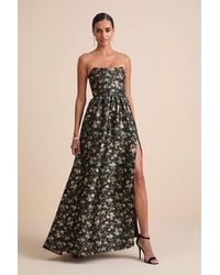 Lulus - Rainie Floral Jacquard Strapless Lace-Up Maxi Dress - Lyst