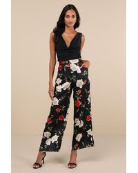 Lulus - Lovely Sensation Floral Satin Wide-Leg Trousers - Lyst