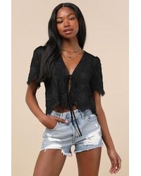 Lulus - Vintage Aesthetic Embroidered Tie-Front Fringe Hem Top - Lyst