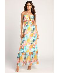 Lulus - Stunning One Multi Abstract Print Drawstring Halter Maxi Dress - Lyst