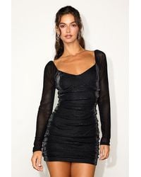 Lulus - Tempting Sparkle Shiny Mesh Ruched Long Sleeve Mini Dress - Lyst