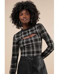 Lulus - Iconic Aspect Plaid Cutout Long Sleeve Top - Lyst