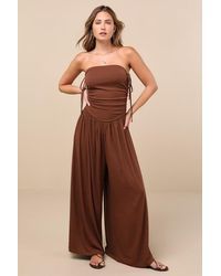 Lulus - Halloran Chocolate Pointelle Strapless Wide-Leg Jumpsuit - Lyst