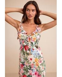Lulus - Clelia Multi Floral Satin Ruffled Tie-Strap Midi Dress - Lyst