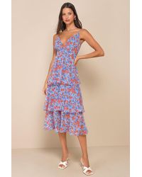 Lulus - Adorable Obsession Floral Print Lurex Tiered Midi Dress - Lyst