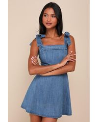 Lulus - Precisely Sweet Medium Wash Tie-Strap Denim Mini Dress - Lyst
