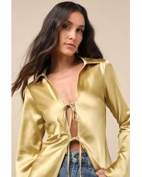 Lulus - Coveted Aesthetic Tie-Front Long Sleeve Collared Top - Lyst