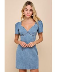 Lulus - Dreamy Stroll Medium Wash Short Sleeve Denim Mini Dress - Lyst
