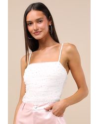 Lulus - Andreina Rhinestone Mesh Ruched Bodysuit - Lyst
