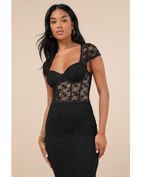 Lulus - Flirtatious Presence Sheer Lace Bustier Midi Dress - Lyst