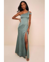 Lulus - Gliding Beauty Sage Satin One-Shoulder Cutout Maxi Dress - Lyst