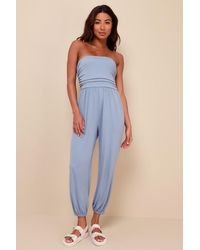 Lulus - Flawless Comfort Ruched Strapless Jogger Jumpsuit - Lyst