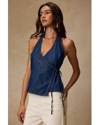 Lulus - Soleil Dark Wash Denim Halter Wrap Top - Lyst