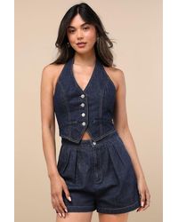 Lulus - Jacquette Dark Wash Denim Pleated Halter Vest Romper - Lyst