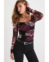 Lulus - Flowering Aesthetic Floral Mesh Ruched Square Neck Top - Lyst