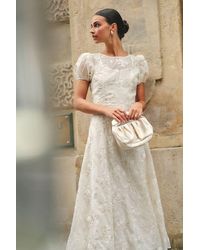 Lulus - Elfrieda Cream Floral Embroidered Puff Sleeve Midi Dress - Lyst