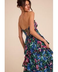 Lulus - Nayha Multi Floral Strapless Tiered Midi Dress - Lyst
