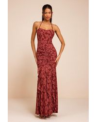Lulus - Dimona Rusty Rose Floral Burnout Ruched Maxi Dress - Lyst