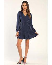 Lulus - So Splendid Satin Long Sleeve Wrap Dress - Lyst