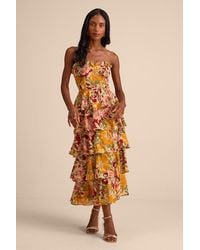 Lulus - Nahya Multi Floral Strapless Tiered Midi Dress - Lyst