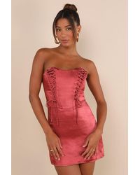 Lulus - Enticing Aesthetic Rusty Rose Satin Lace-Up Strapless Mini Dress - Lyst