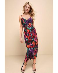 Lulus - Beautiful Entrance Multi Floral Twist-Front Midi Dress - Lyst