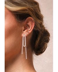Lulus - Dainty Charisma Rhinestone Pearl Fringe Earrings - Lyst