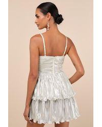 glorious shine champagne metallic pearl tiered mini dress Lulus Shine For Us Cream Metallic Tropical Jacquard Mini Dress in Natural