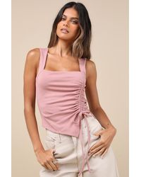 Lulus - Certainly Flirty Ribbed Ruched Square Neck Tank Top - Lyst