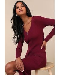 Lulus - Snuggly Sweetness Plum Ribbed Zip-Front Sweater Midi Dress - Lyst