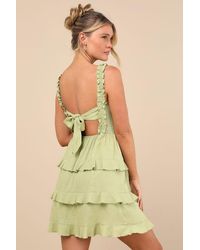 Lulus - Super Sweet Lime Smocked Ruffled Tie-Back Mini Dress - Lyst