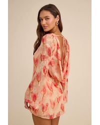 Lulus - Jaleen Floral Jacquard Bell Sleeve Mini Dress - Lyst