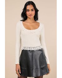 Lulus - Coquette Appeal Cream Pointelle Lace Long Sleeve Top - Lyst