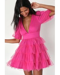 Lulus - Dramatic Poise Dot Tulle Puff Sleeve Tiered Mini Dress - Lyst