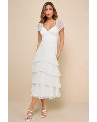 Lulus - Graceful Darling Lace Flutter Sleeve Tiered Midi Dress - Lyst