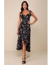 Lulus - So Elevated Floral Jacquard Tie-Strap High-Low Midi Dress - Lyst