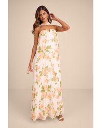 Lulus - Lael Floral Pleated Strapless Dress And Scarf Set - Lyst