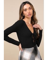Lulus - Lovely Ties Ribbed Knit Tie-Front Long Sleeve Bodysuit - Lyst