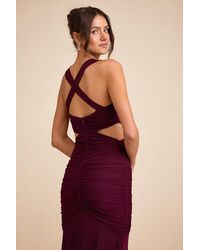 Lulus - Prestige Plum Mesh Ruched Mermaid Maxi Dress - Lyst