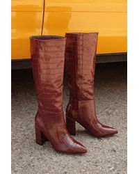 Lulus - Katari Cranberry Croc Pointed-Toe Knee High Boots - Lyst