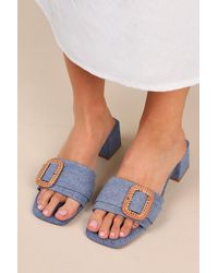 Lulus - Calendre Denim Buckle Low Heel Slide Sandals - Lyst