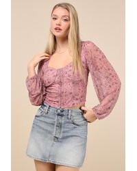 Lulus - Feeling So Cute Floral Mesh Balloon Sleeve Crop Top - Lyst