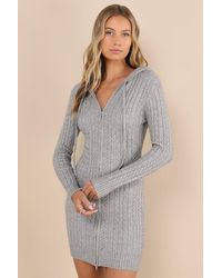 Lulus - Cozy Aura Cable Knit Zip-Front Hooded Sweater Mini Dress - Lyst