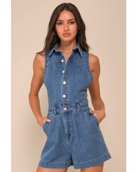 Lulus - Irresistible Days Medium Wash Denim Collared Sleeveless Romper - Lyst