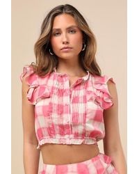 JACQUIE THE LABEL - Giada And Plaid Flutter Sleeve Crop Top - Lyst